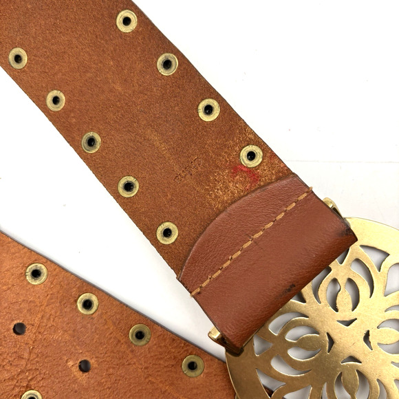 Vintage Y2K Calvin Klein 610664 Brown Studded Leather Brass Medallion Belt L 40\